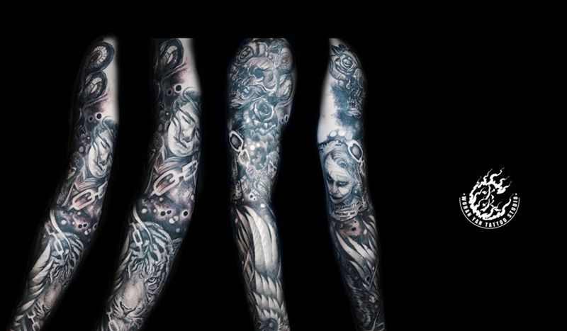 虎，小丑，翅膀纹身图片_手臂欧美写实纹身图案