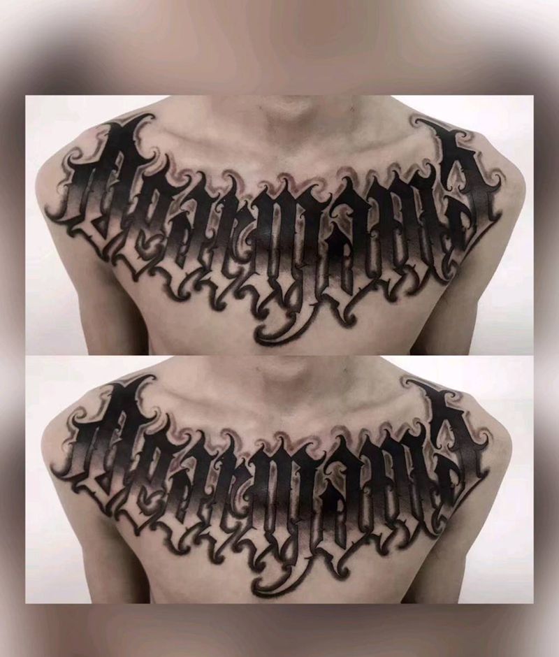 UVB2纹身图片_胸部肩部花体字新传统纹身图案