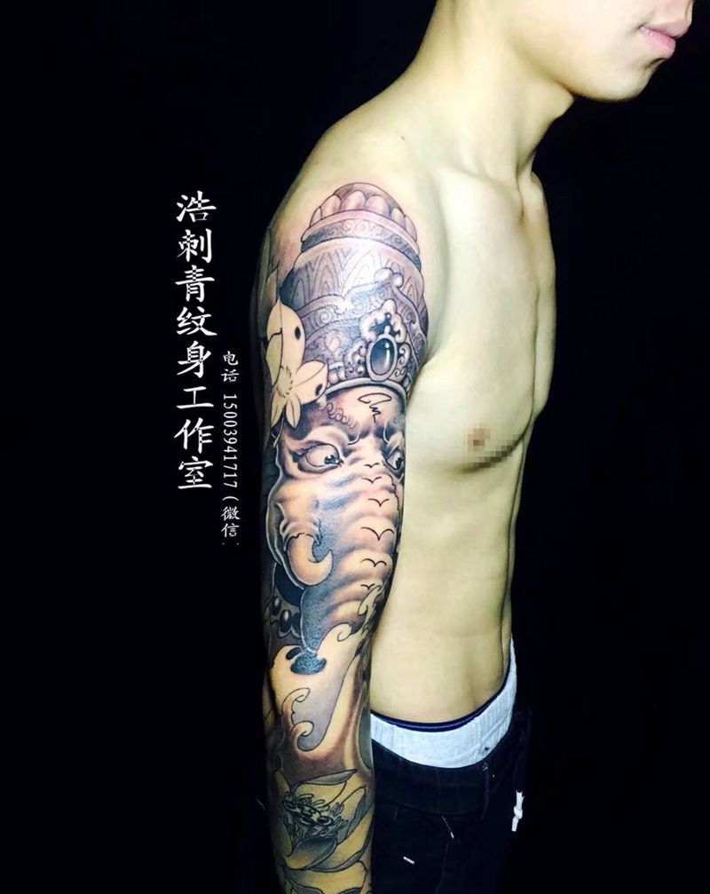 象神花臂纹身图片