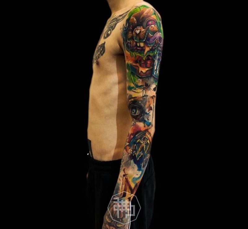 泼墨•原创纹身图片_成品欧美手臂手部原创动物纹身图案