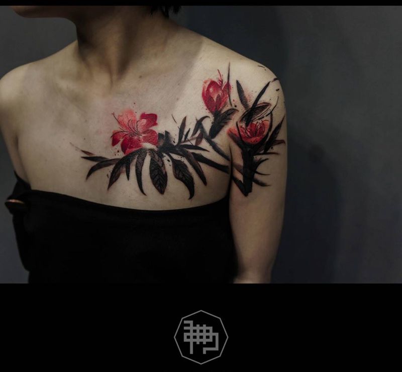 春纹身图片_成品肩部胸部欧美传统国画植物原创纹身图案