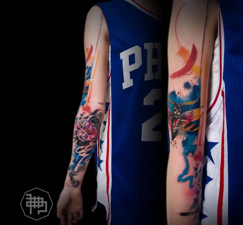 水彩花臂纹身图片_成品手臂传统肖像国画动物原创纹身图案