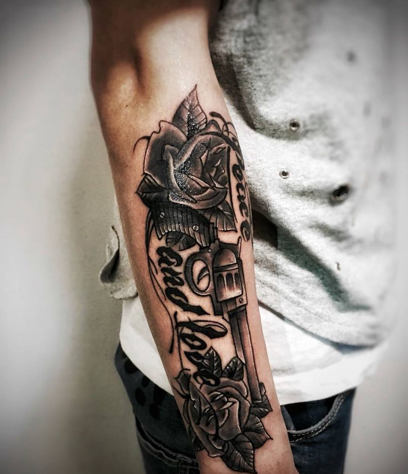 枪花.纹身图片_成品手臂欧美植物静物纹身图案