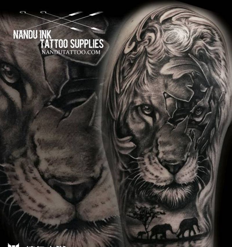 写实  狮纹身图片_肩部手臂欧美写实狮子纹身图案