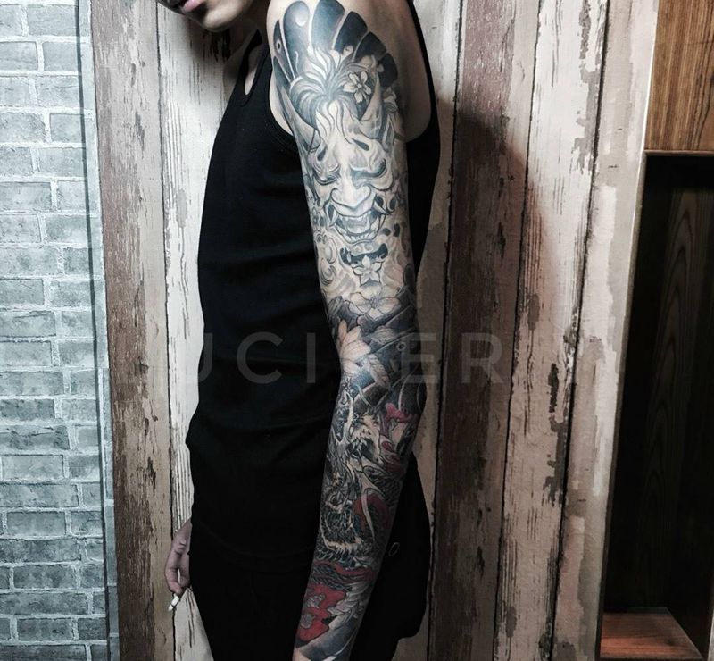老传统花臂，龙，般若纹身图片_成品手臂传统动物鬼神图腾纹身图案