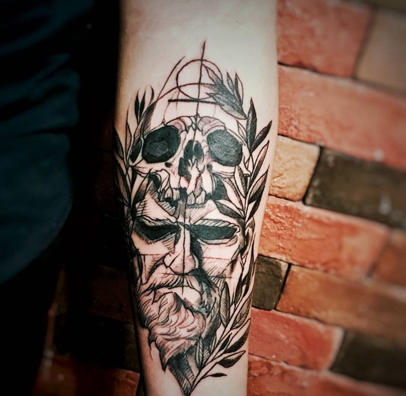 小臂插画.纹身图片_成品手臂欧美几何人物植物纹身图案