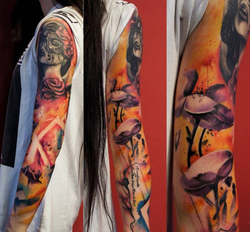 花臂纹身图片_成品手臂手部欧美写实肖像人物植物纹身图案