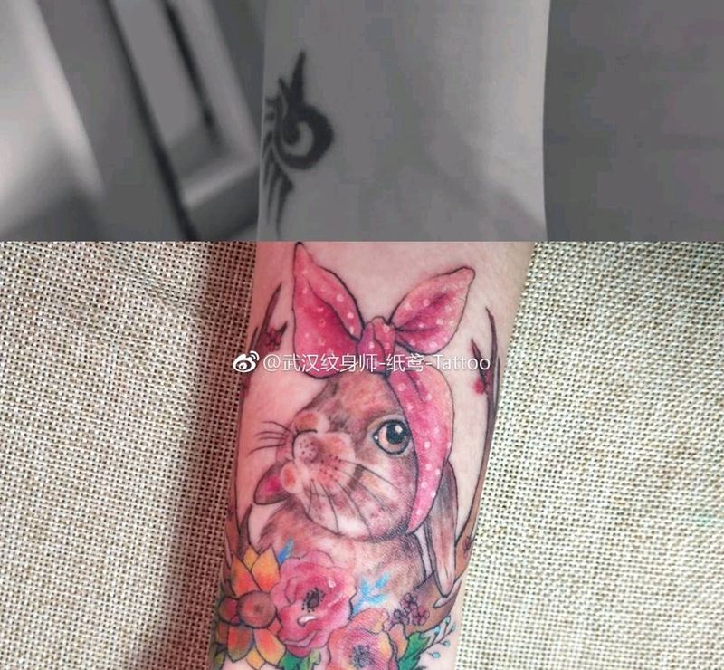 田园兔子纹身图片_手臂手部水彩纹身图案