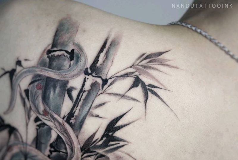 竹纹身图片_背部肩部水墨竹纹身图案