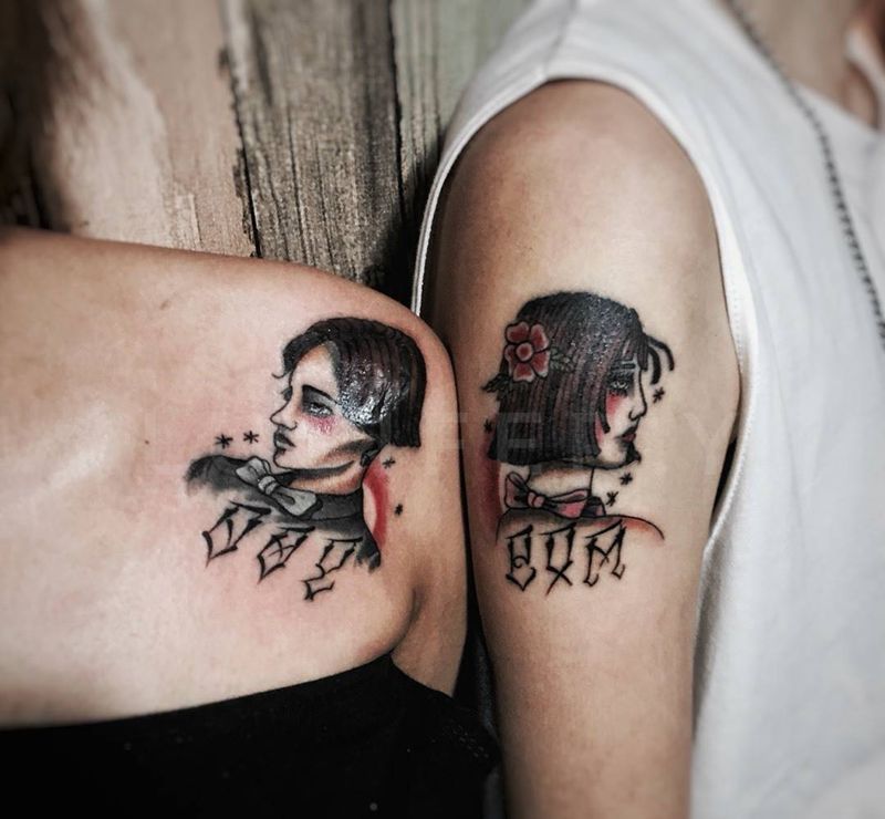 school 情侣头像纹身图片_成品手臂肩部欧美肖像人物静物字符纹身图案