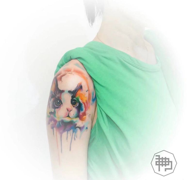 水彩猫纹身图片_成品手臂手部欧美国画动物原创纹身图案