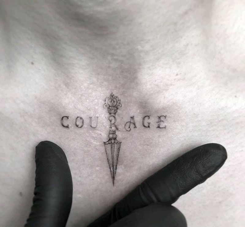 勇气纹身图片_胸部颈部点刺几何字母清新纹身图案