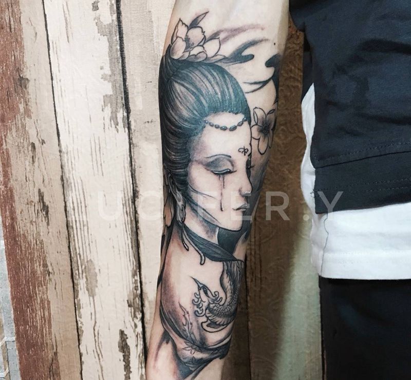 艺妓纹身图片_成品手臂传统人物纹身图案