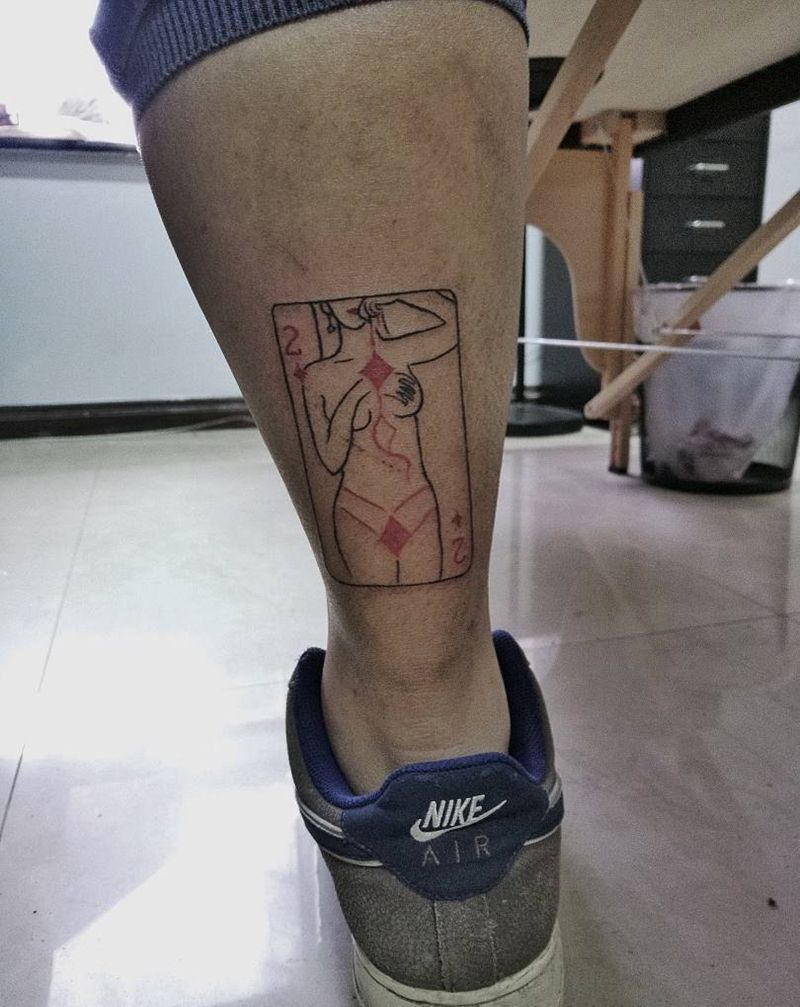 扑克牌纹身图片_腿部欧美清新人物原创插画纹身图案