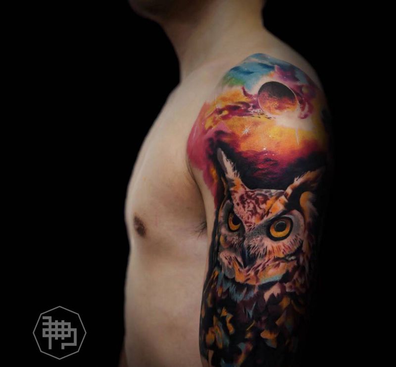 猫头鹰纹身图片_成品欧美写实动物纹身图案