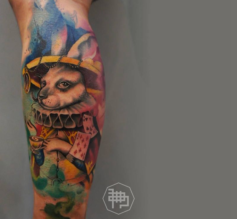 水彩兔子纹身图片_成品插画腿部脚部欧美国画原创纹身图案