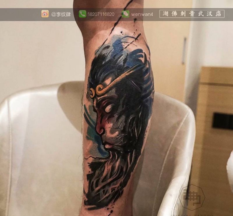 孙悟空纹身图片_成品脚部腿部欧美国画原创纹身图案