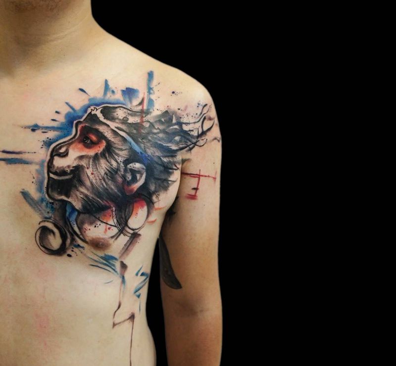 悟空纹身图片_成品腹部胸部腰部传统欧美国画动物原创纹身图案