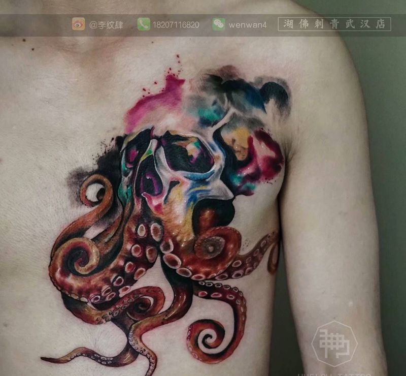 octopus纹身图片_成品胸部欧美国画写实原创动物纹身图案