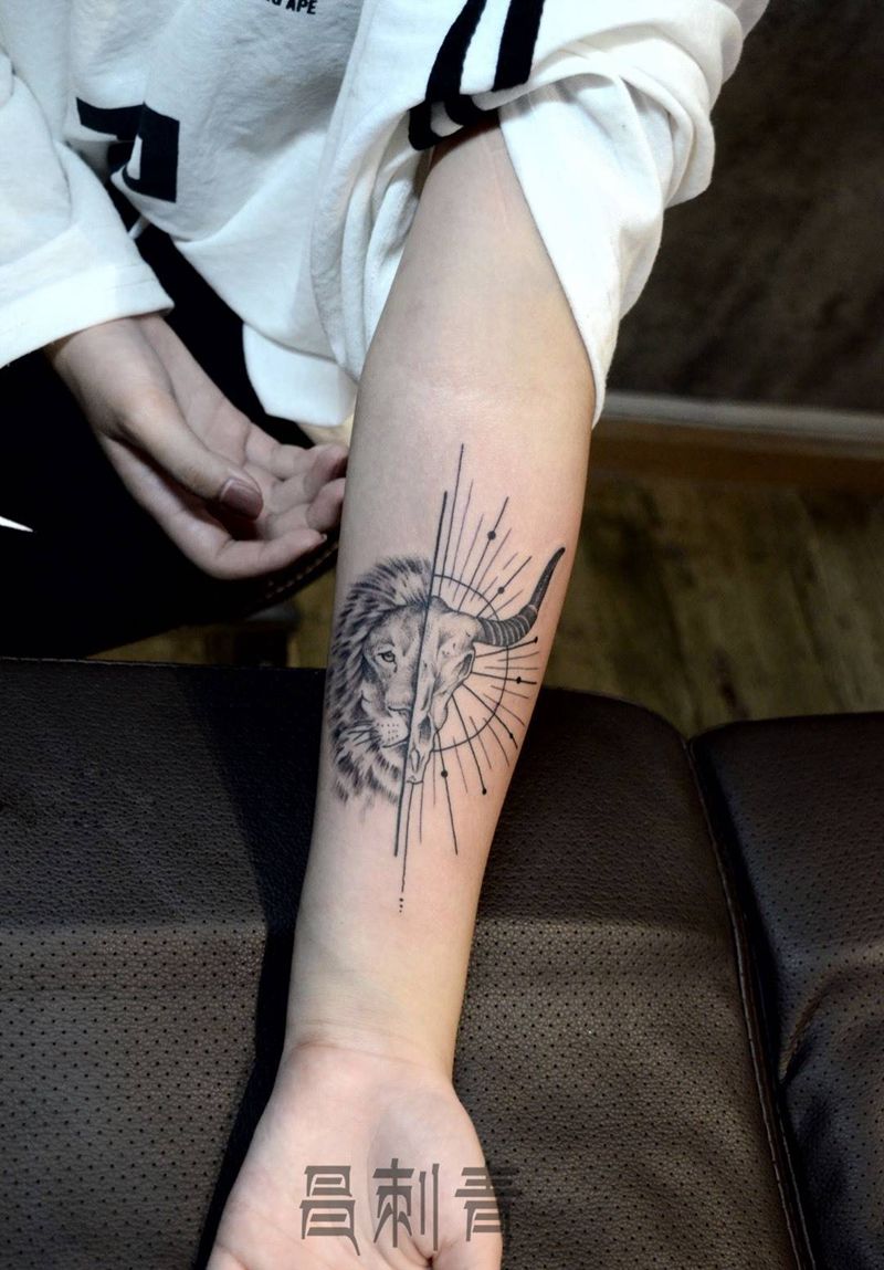 半牛头半狮子纹身图片_成品手臂手部清新动物纹身图案