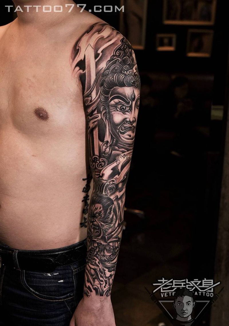 传统花臂佛魔纹身作品纹身图片_成品手臂传统人物纹身图案