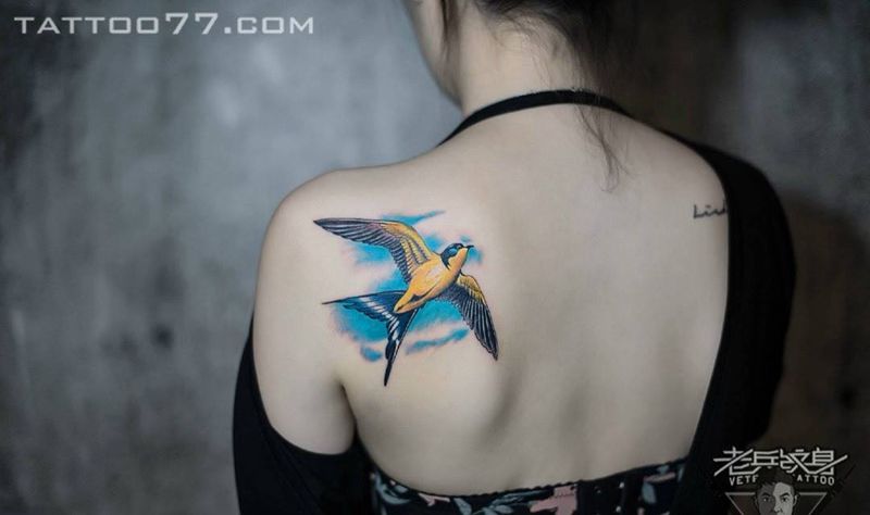 肩胛燕子纹身作品纹身图片_成品背部清新动物纹身图案