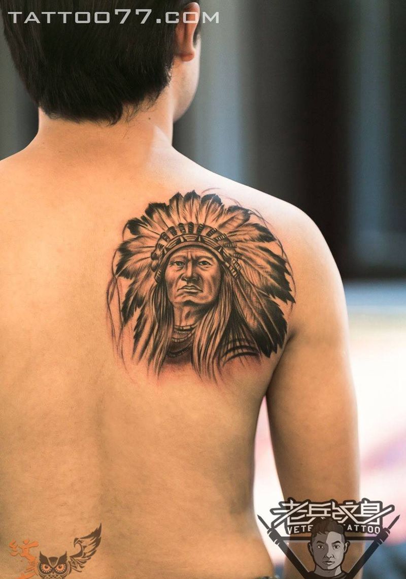 印第安酋长纹身图片_背部成品欧美肖像人物纹身图案