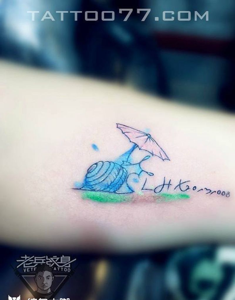 水彩蜗牛纹身作品纹身图片_成品手臂清新动物纹身图案