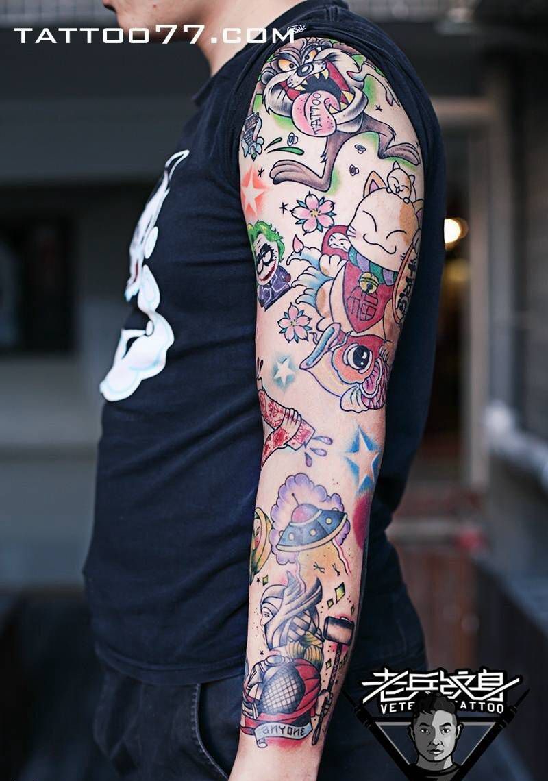 花臂纹身作品纹身图片_成品手臂欧美人物动物植物纹身图案
