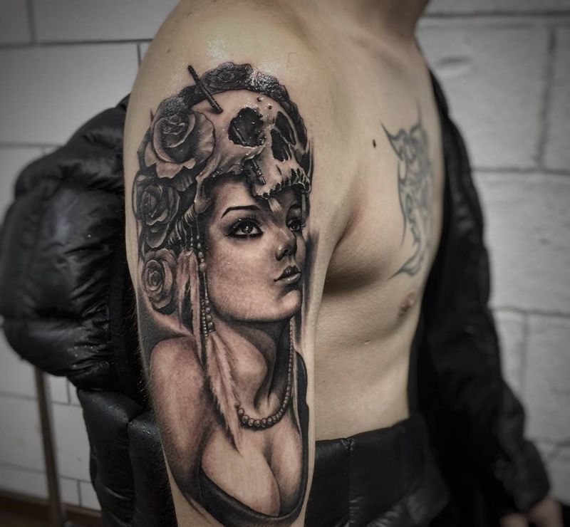 手臂欧美插画一枚纹身图片_成品手臂手部欧美肖像写实人物纹身图案