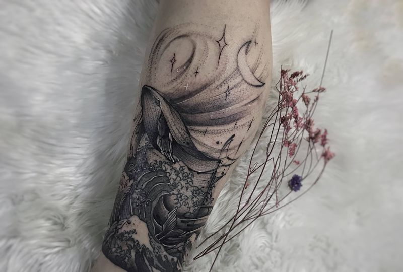 修改添加纹身纹身图片_腿部水墨点刺小清新纹身图案