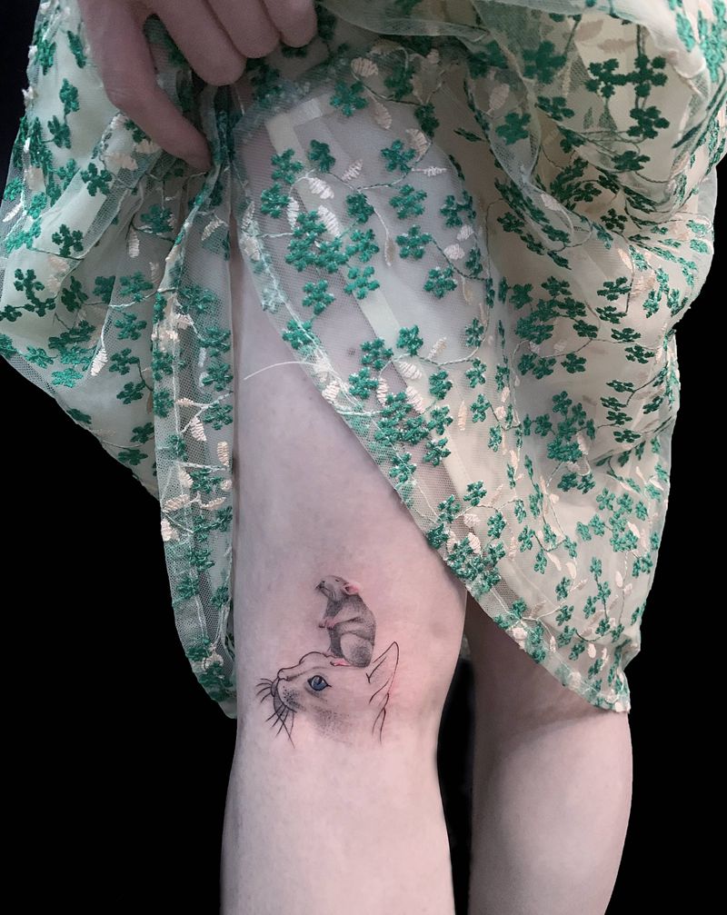 猫和老鼠纹身图片_腿部小清新纹身图案