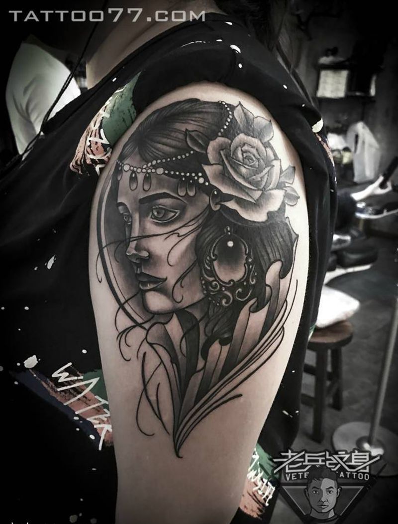 女郎纹身纹身图片_成品手臂肖像人物纹身图案