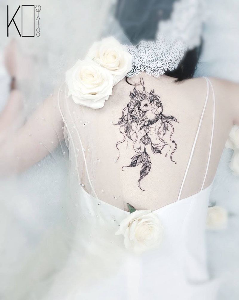 鹿纹身图片_背部点刺定制捕梦网原创纹身图案