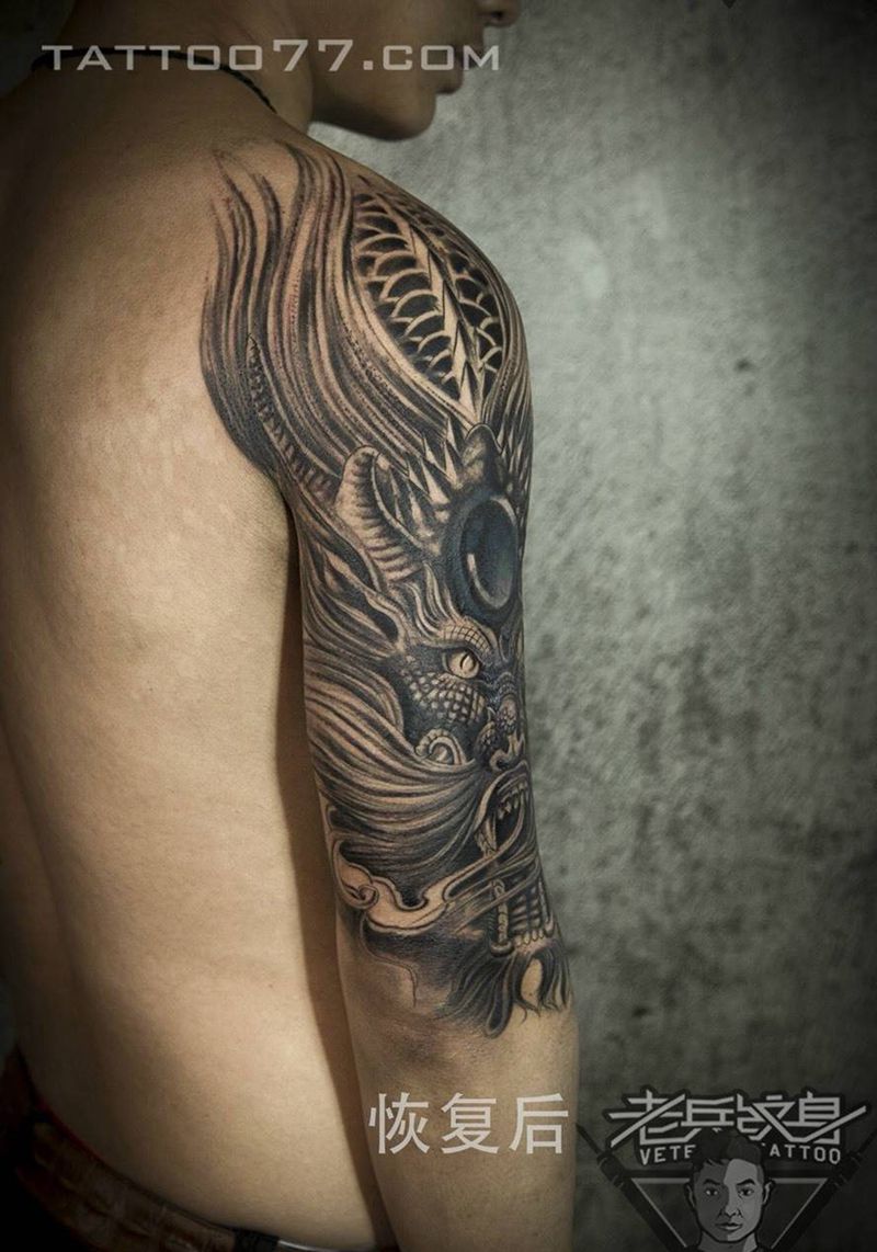大臂龙遮盖，恢复后纹身图片_成品手臂传统动物纹身图案
