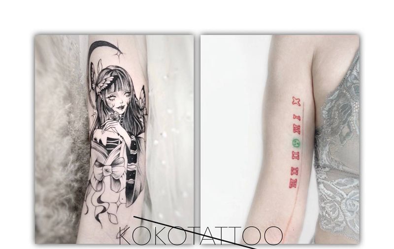 蝴蝶少女纹身图片_手臂点刺遮盖插画风格少女纹身图案