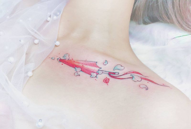 保护伞纹身图片_肩部水彩水墨定制水彩古风纹身图案