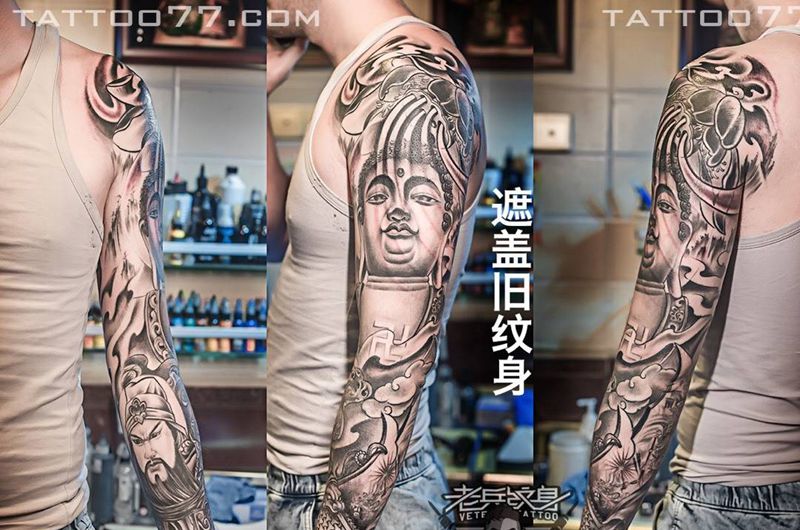 传统花臂关公佛纹身图片_成品手臂传统鬼神人物原创纹身图案