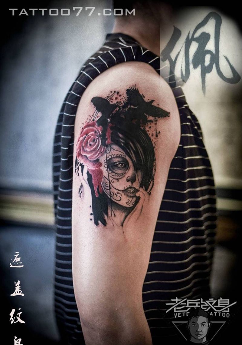 泼墨欧美女郎纹身图片