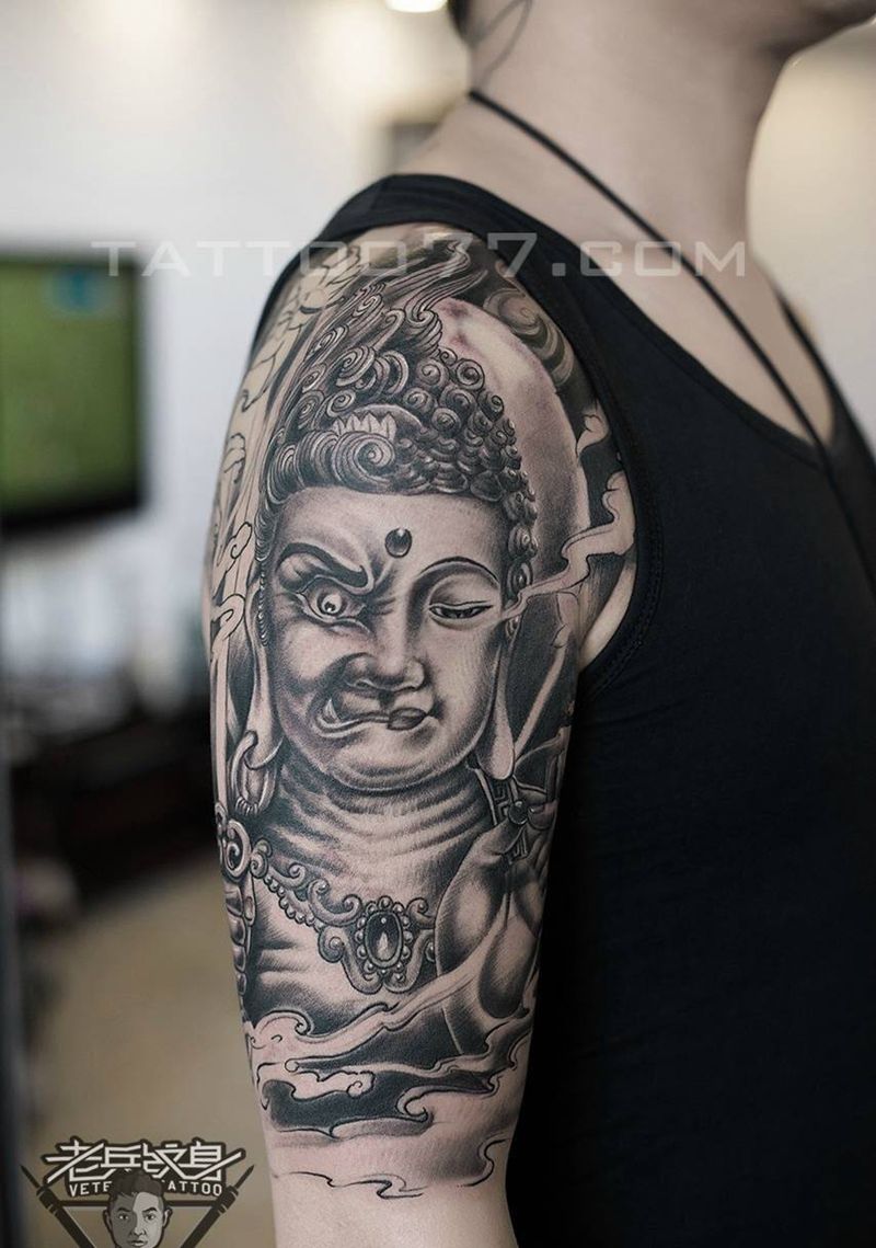 大臂佛魔纹身作品纹身图片_成品手臂传统鬼神纹身图案