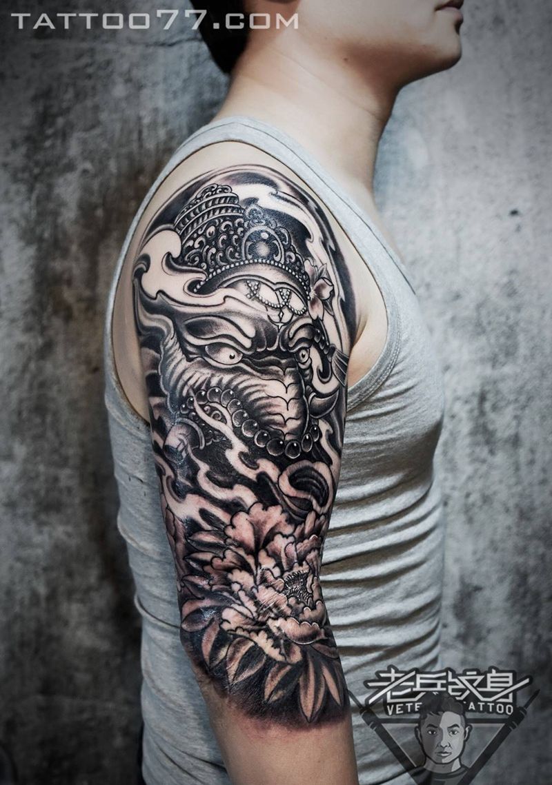 象神遮盖烫伤疤痕纹身图片_成品手臂传统动物鬼神原创纹身图案