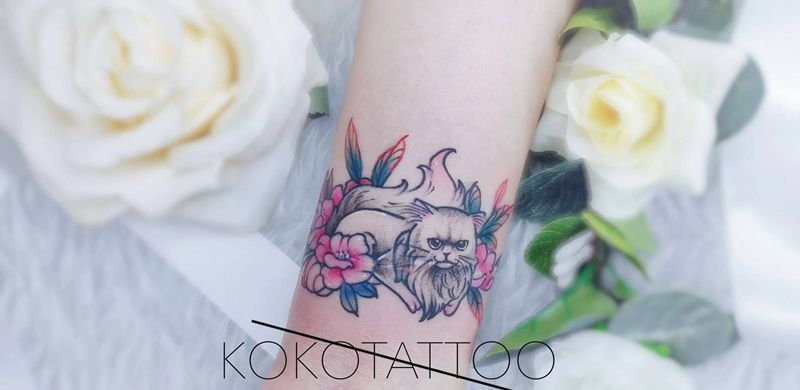 定制喵咪纹身纹身图片_手臂点刺水彩遮盖设计喵咪定制设计纹身图案