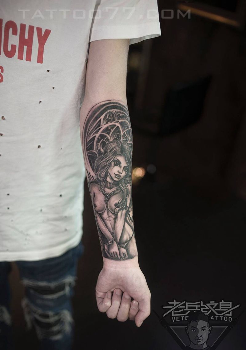 裸天使纹身图片_成品手臂欧美人物原创纹身图案