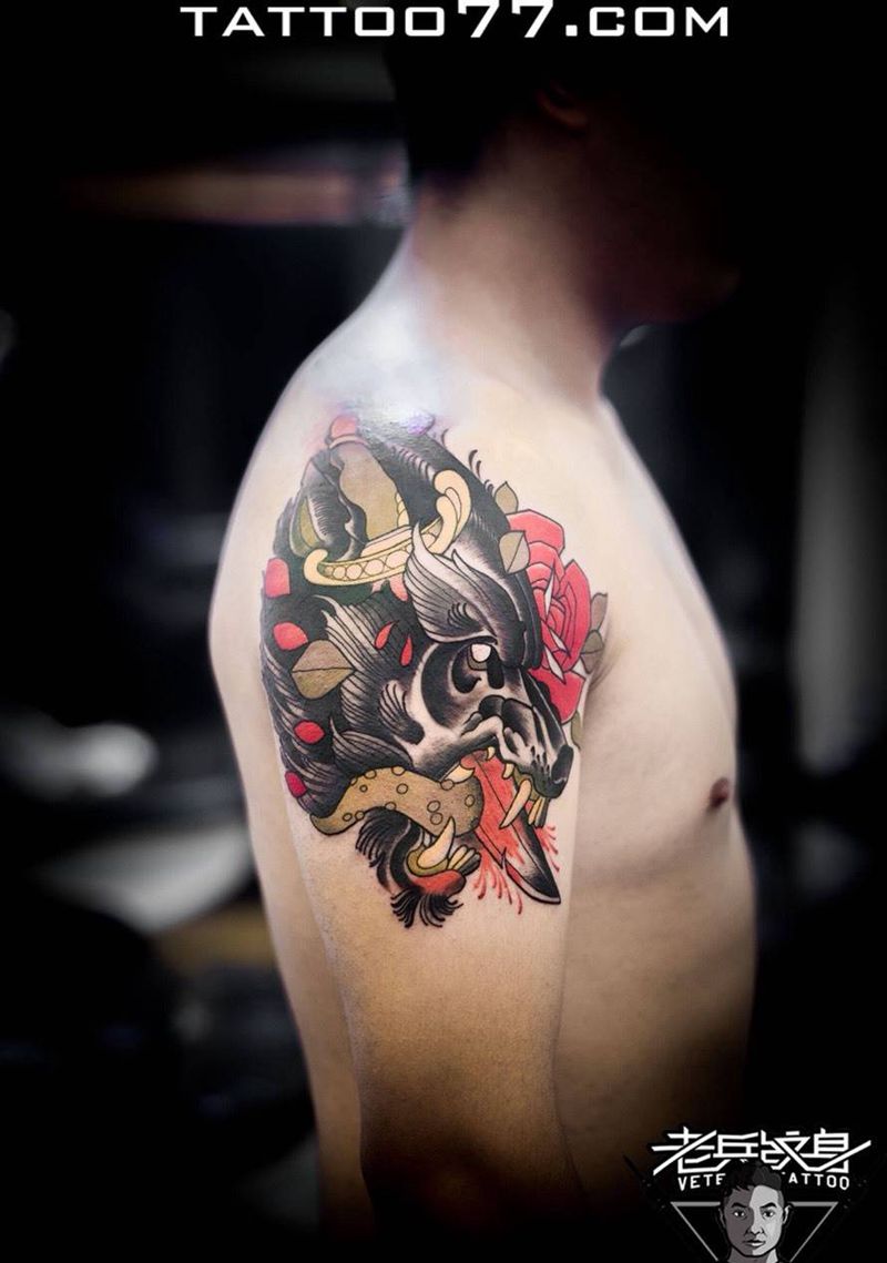 大臂熊纹身作品纹身图片_成品手臂欧美动物纹身图案