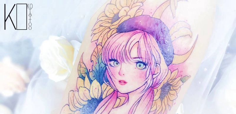 少女纹身图片_腿部水彩一人一图原创设计插画设计纹身图案