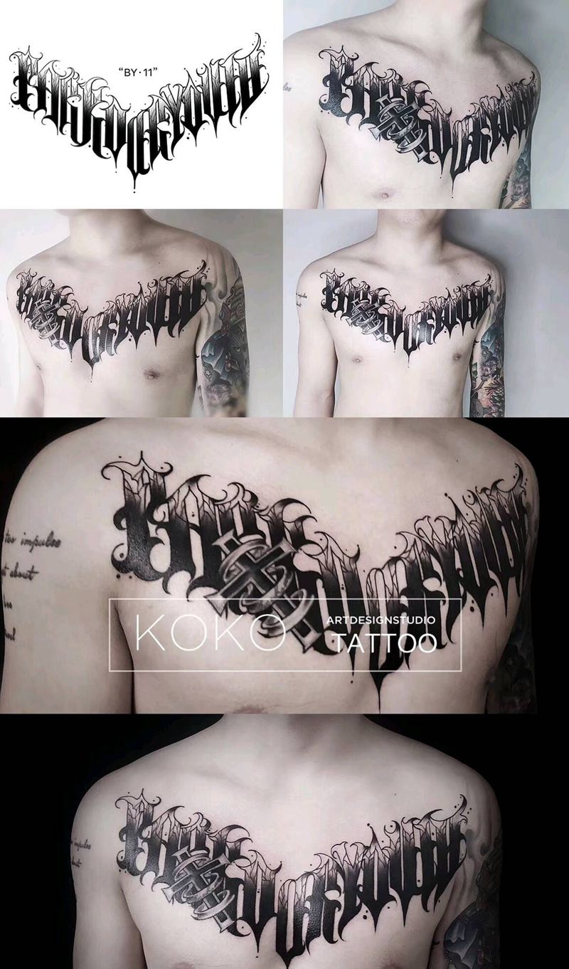 奇卡诺花体字纹身图片_胸部腿部花体字奇卡诺字体胸口大腿纹身图案