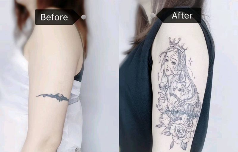 少女独角兽纹身图片_手臂点刺遮盖独角兽公主纹身图案