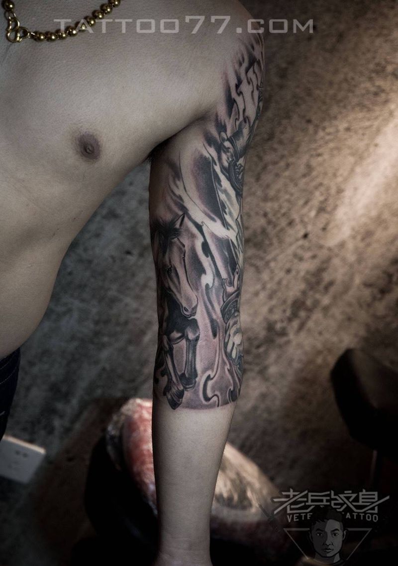 七分袖花关公花臂纹身作品纹身图片_成品手臂传统人物纹身图案