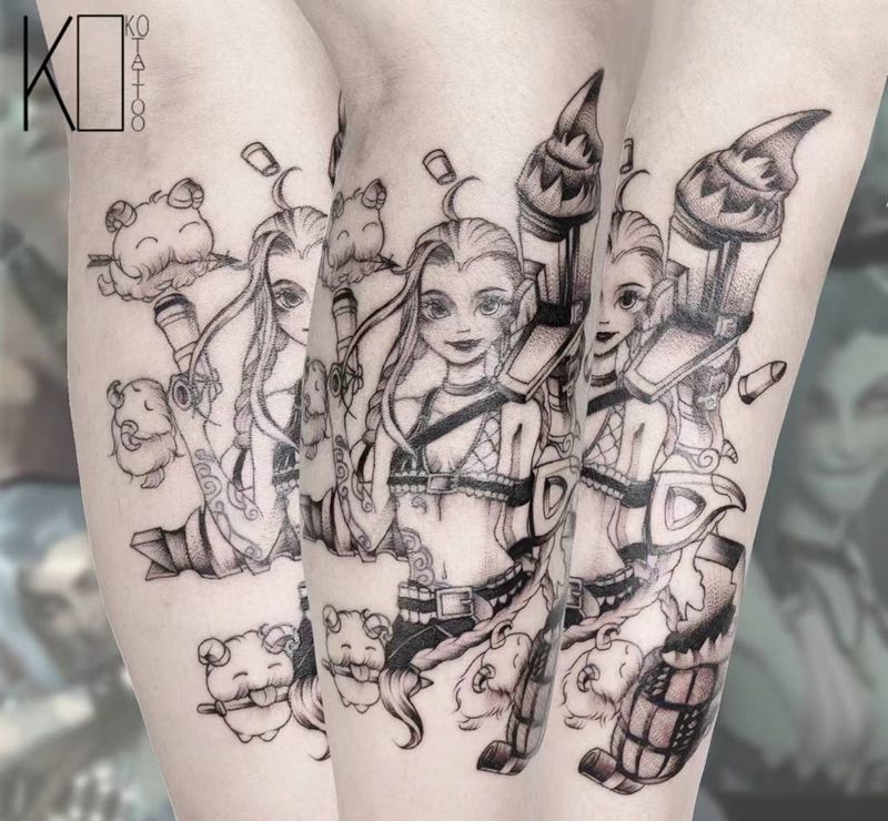 金克丝纹身图片_腿部点刺遮盖英雄联盟定制设计纹身图案