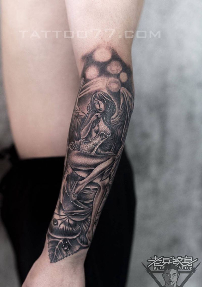 小臂欧美天使纹身作品纹身图片_成品手部欧美人物肖像纹身图案